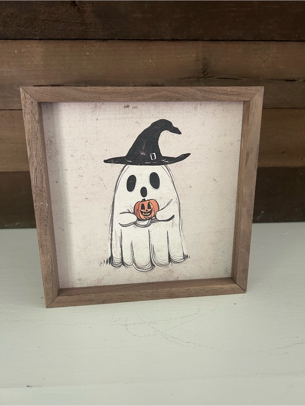 Whimsical Ghost with Witch Hat Halloween Framed Art